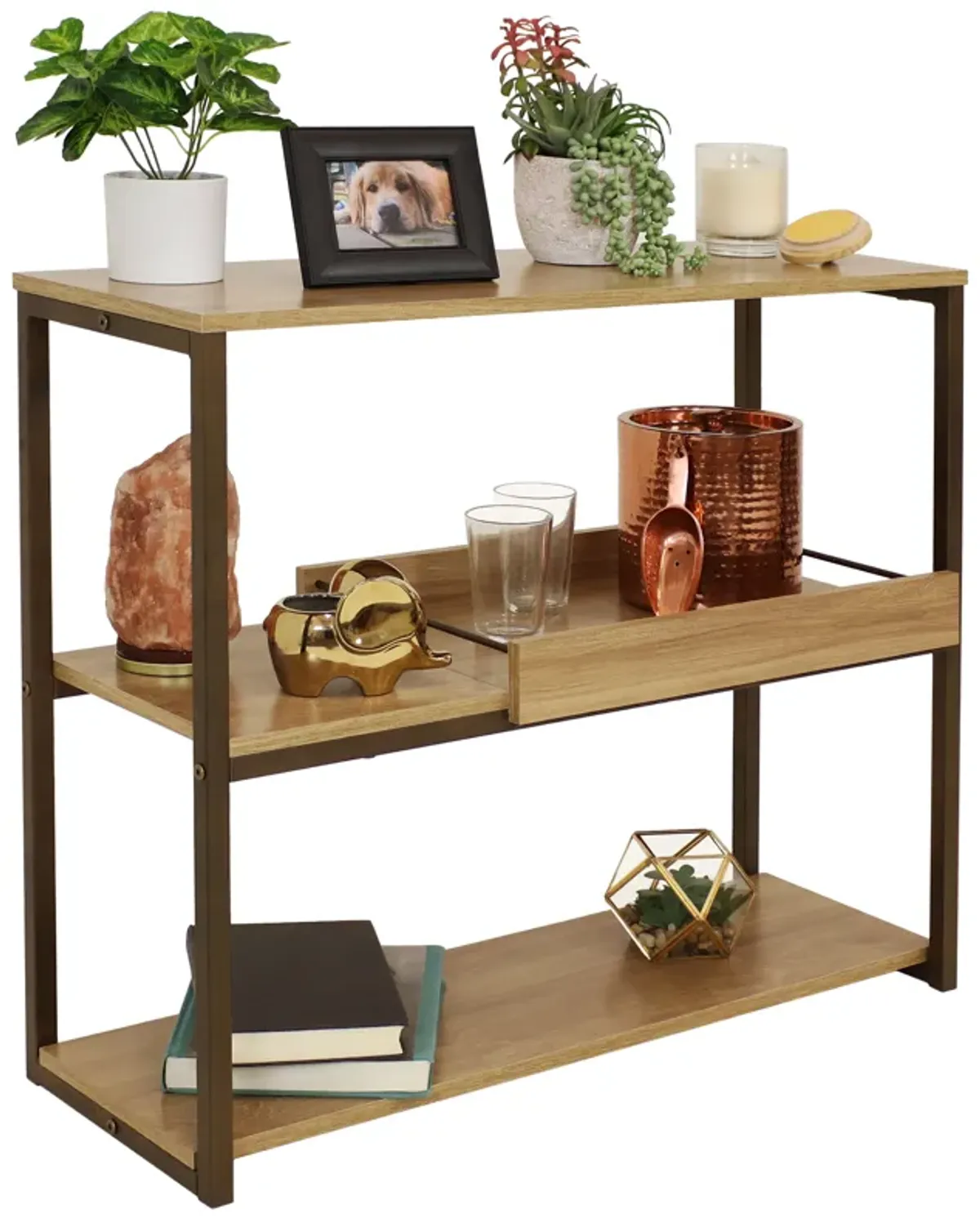 Sunnydaze Industrial 3-Shelf Sofa Table with Tray - Brown - 28.25 in