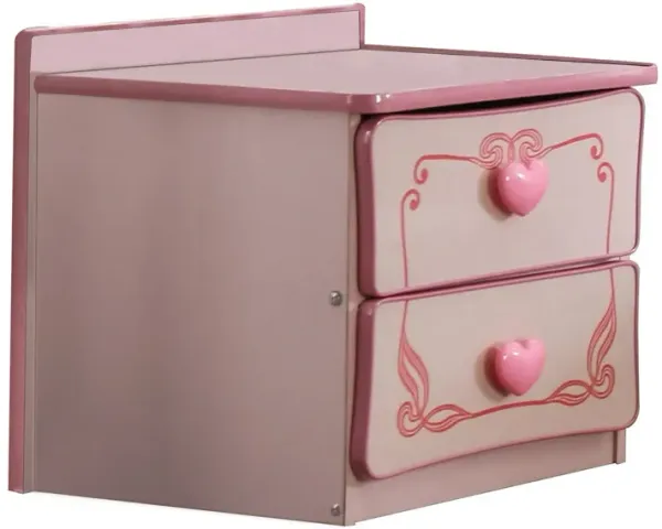 2 Drawer Wooden Nightstand with Heart Knob Pulls, Pink - Benzara