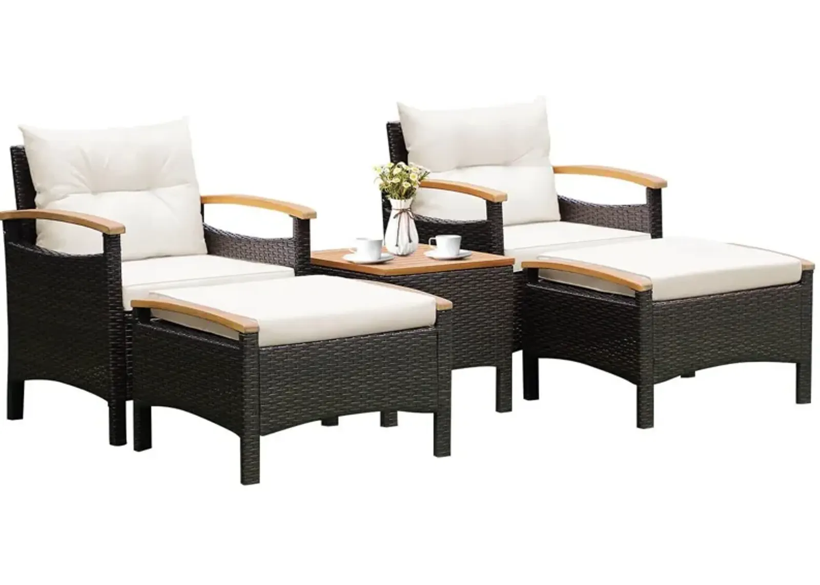 5 Pieces Patio Conversation Set with Cushions Coffee Table and 2 Ottomans