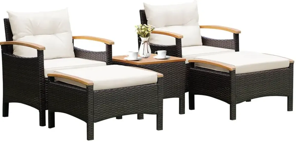 5 Pieces Patio Conversation Set with Cushions Coffee Table and 2 Ottomans