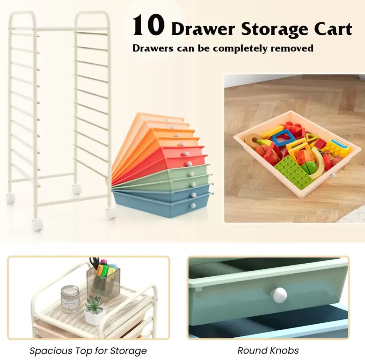 10 Drawer Rolling Storage Cart Organizer with 4 Universal Casters