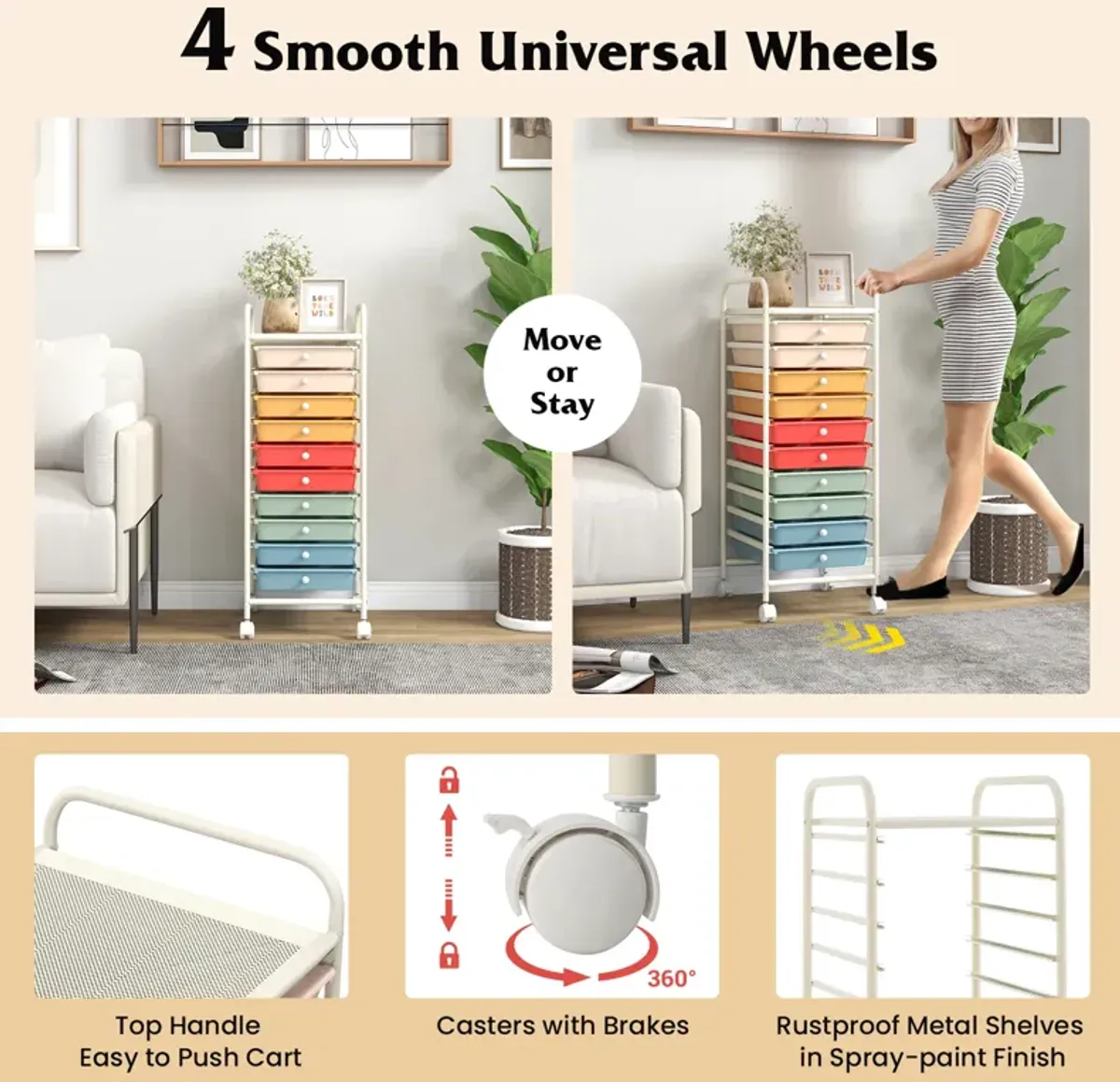 10 Drawer Rolling Storage Cart Organizer with 4 Universal Casters