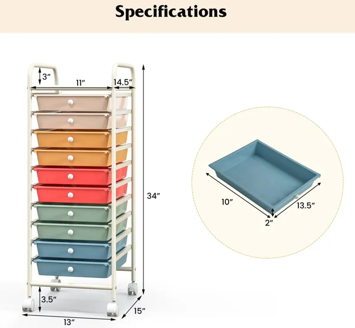 10 Drawer Rolling Storage Cart Organizer with 4 Universal Casters