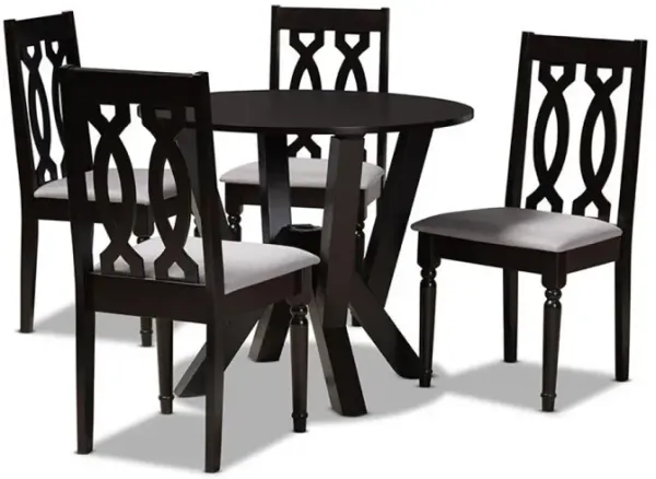 Grey Fabric Upholstered and Dark Brown Finished Wood 5-Piece Dining Set