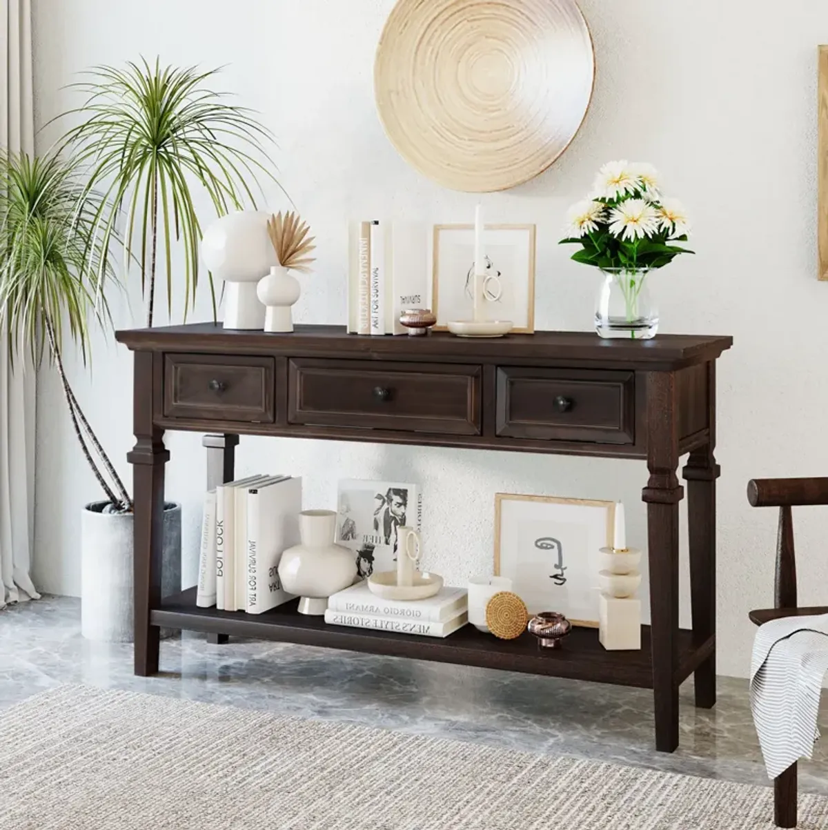 Classic Retro Style Console Table With Three Top Drawers And Open Style Bottom Shelf