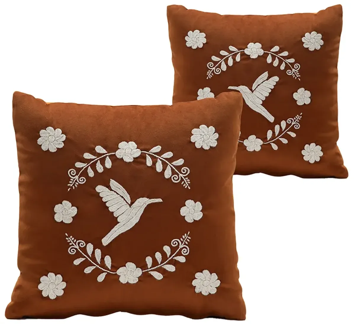 COLIBRÍ Hand Embroidered Decorative Pillows in Terracota Velvet by ANDEAN, Set of 2, In Stock