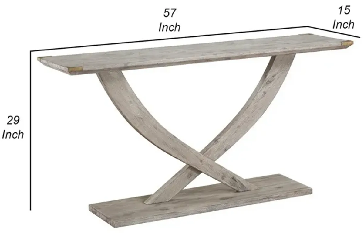 Kit 57 Inch Acacia Wood Console Table, Cross Legs, Gray-Benzara