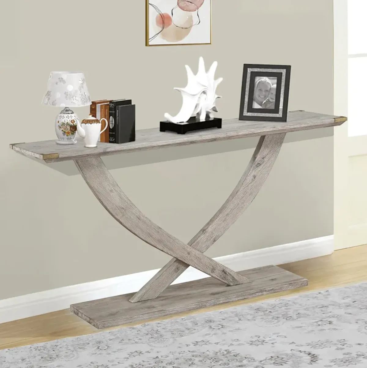 Kit 57 Inch Acacia Wood Console Table, Cross Legs, Gray-Benzara