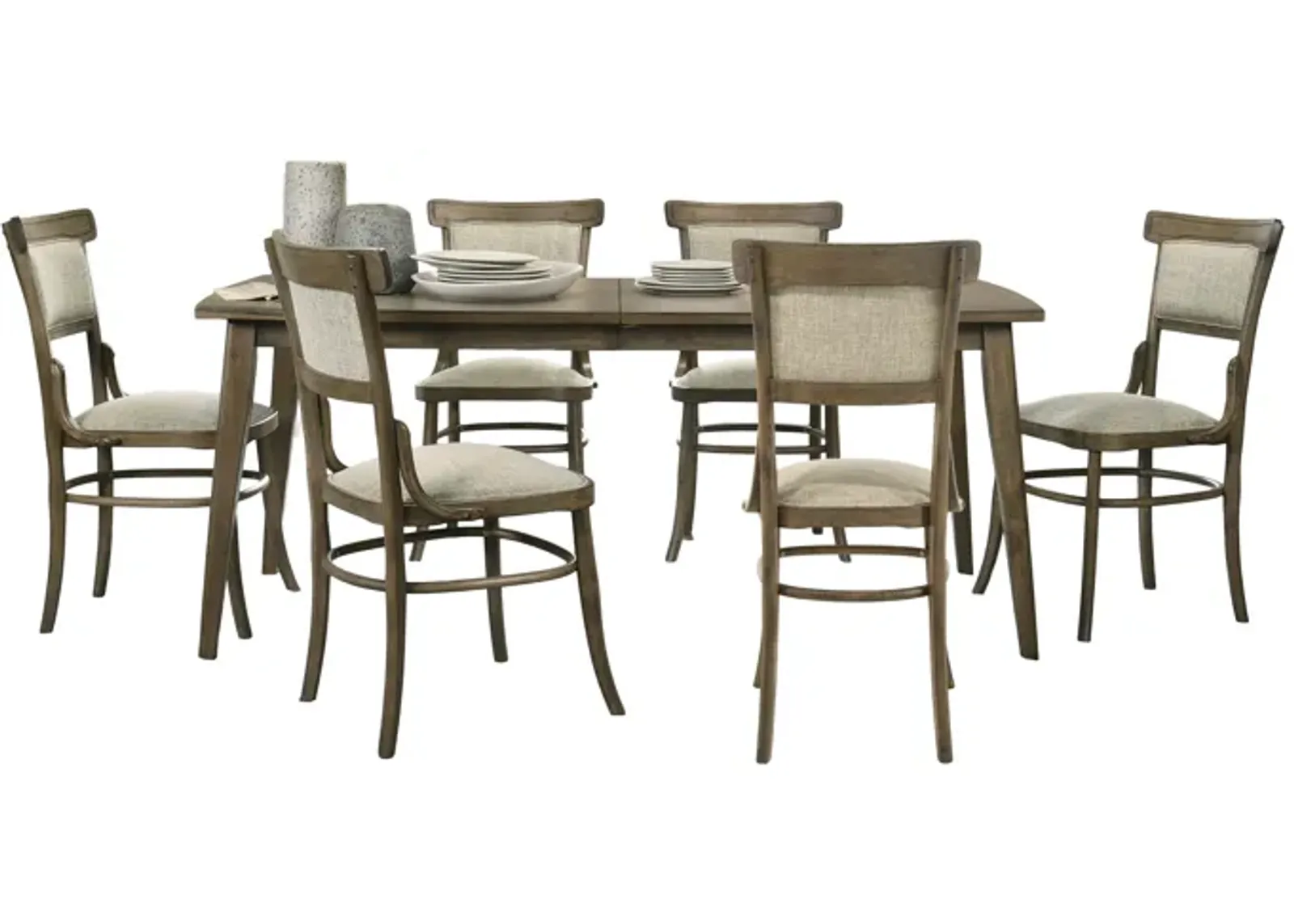 Bistro Vintage Walnut 7 Piece 72" Dining Table Set With Off White Fabric Dining Chairs