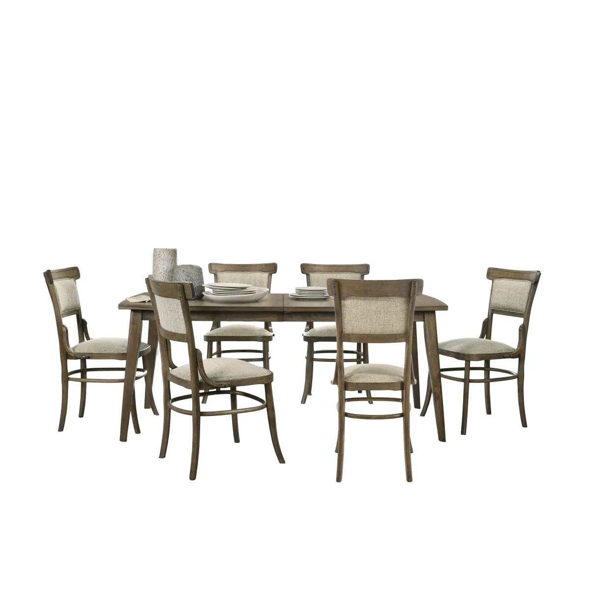 Bistro Vintage Walnut 7 Piece 72" Dining Table Set with Off White Fabric Dining Chairs