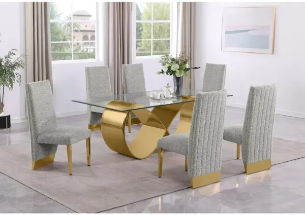 Best Quality Furniture 7Pc Tempered Glass Dining Set 6 Rich Gray Boucle Side Chairs And A Gold Base