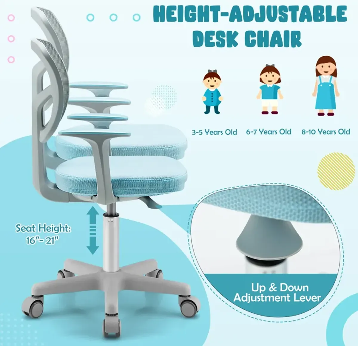 Adjustable Desk Chair with Auto Brake Casters for Kids