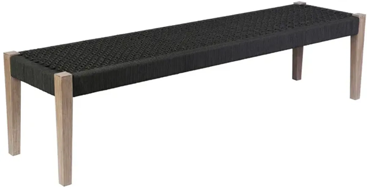 Nif 71 Inch Rectangular Dining Bench, Rope Woven Top, Tapered Legs, Black-Benzara