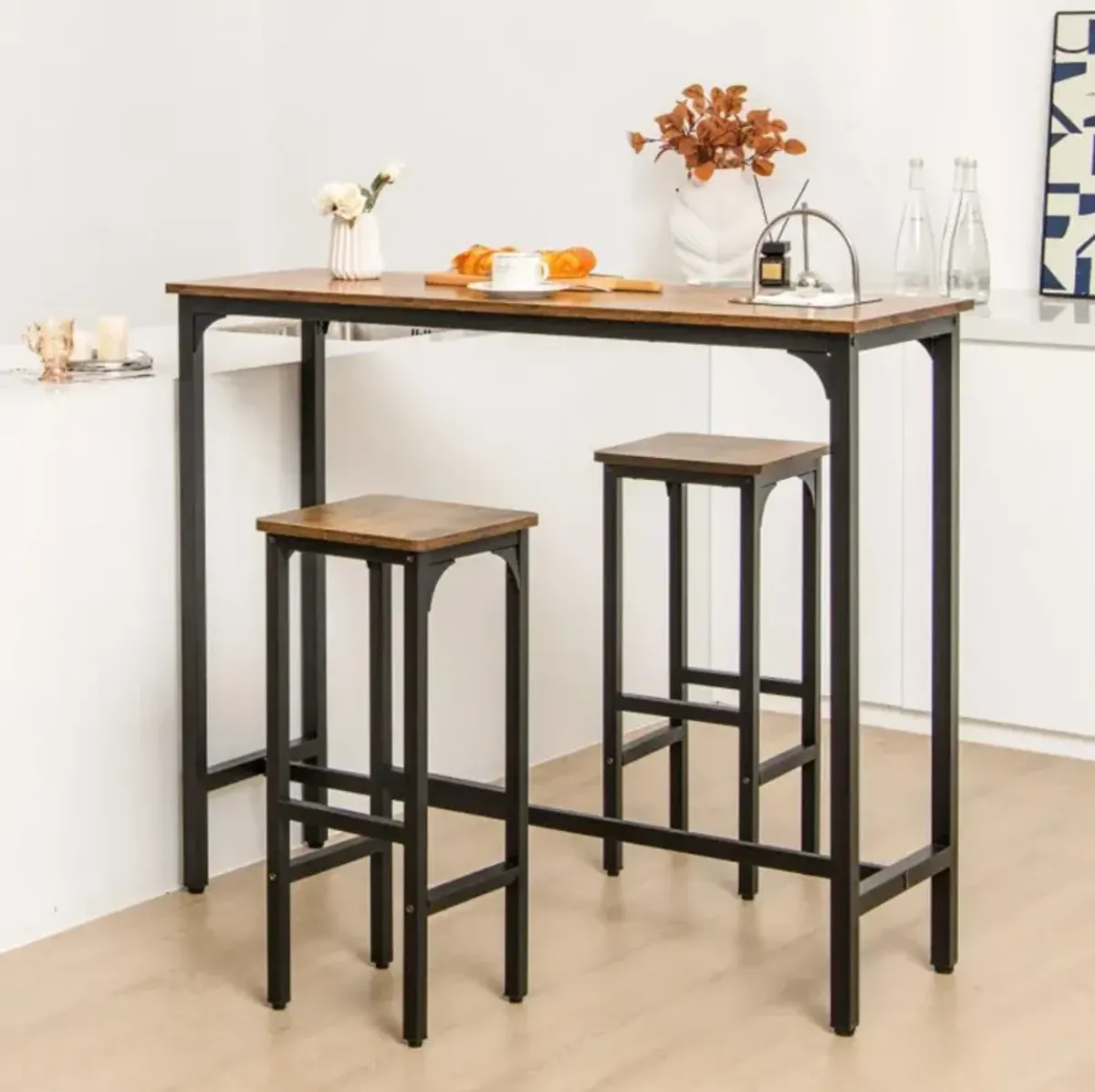 Hivvago 3 Pieces Industrial Bar Table and Chairs Set with Metal Frame