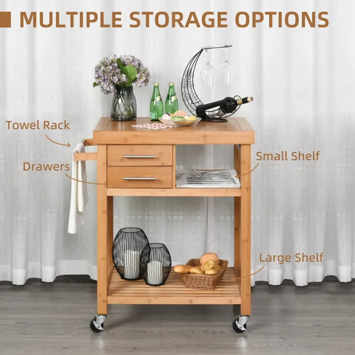 Bamboo Kitchen Organizer: Utility Cart with Drawers and Shelves