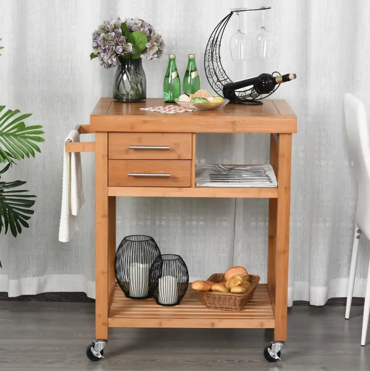 Bamboo Kitchen Organizer: Utility Cart with Drawers and Shelves