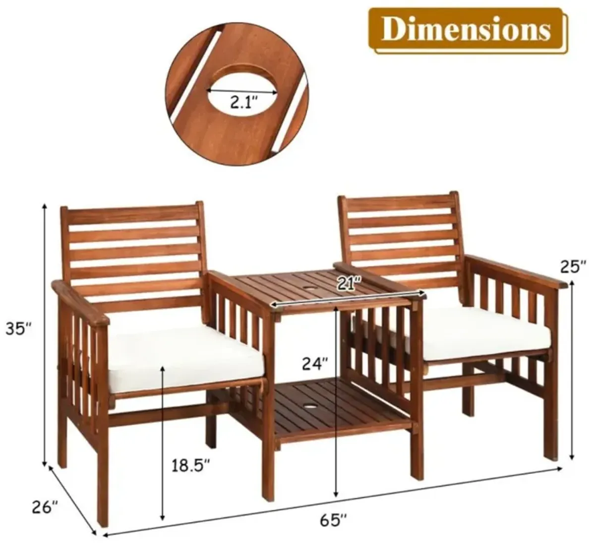 Hivvago 3 Pieces Outdoor Patio Table Chairs Set Acacia Wood Loveseat