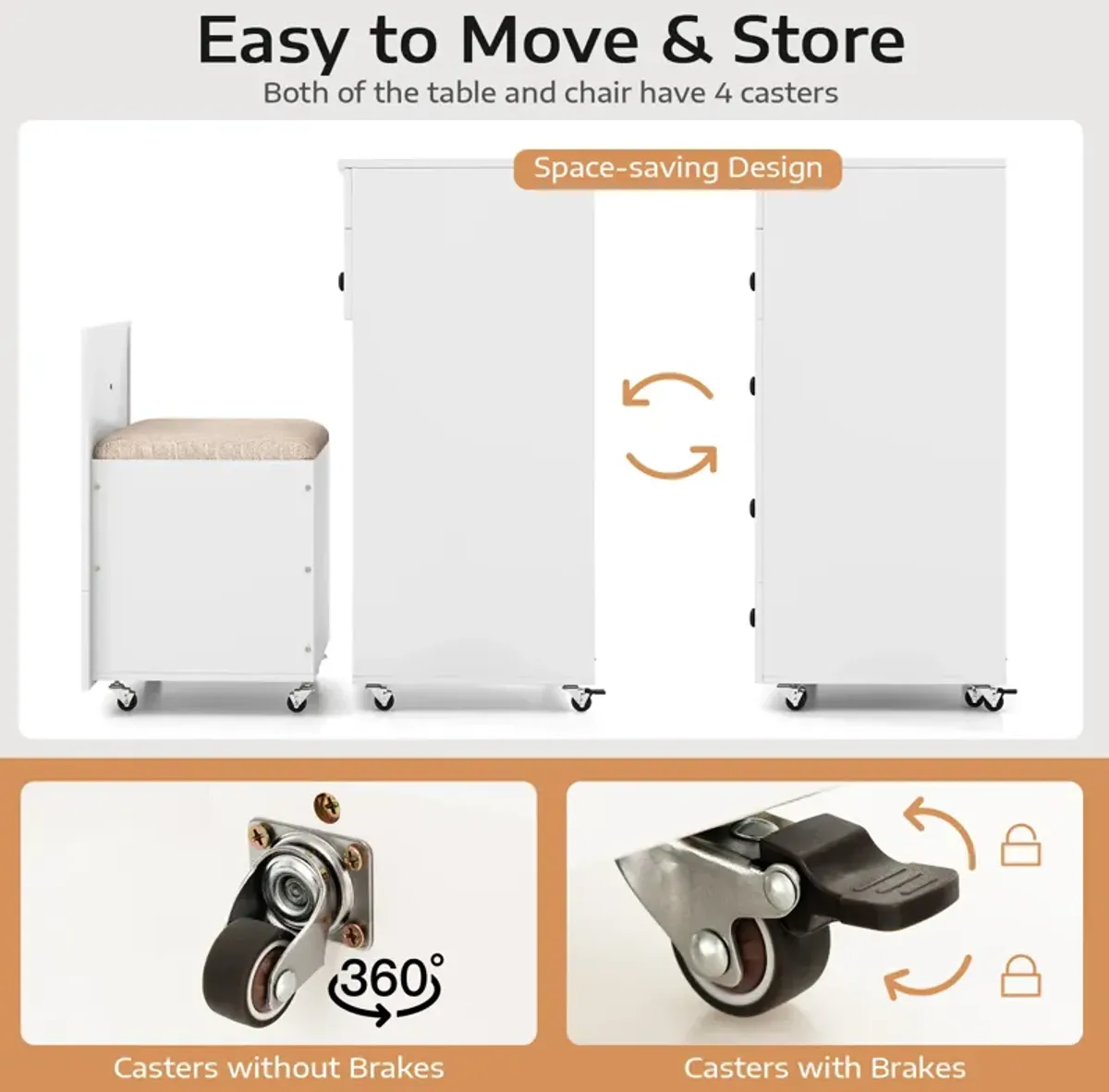 3-in-1 Vanity Set with Cushioned Stool and Flip-up Mirror