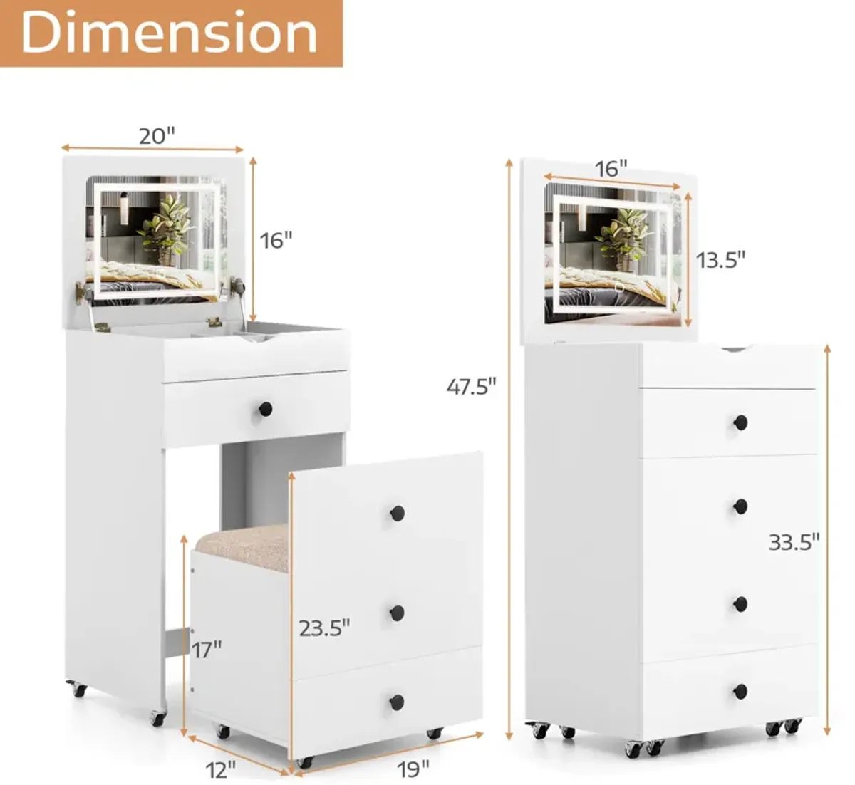 3-in-1 Vanity Set with Cushioned Stool and Flip-up Mirror