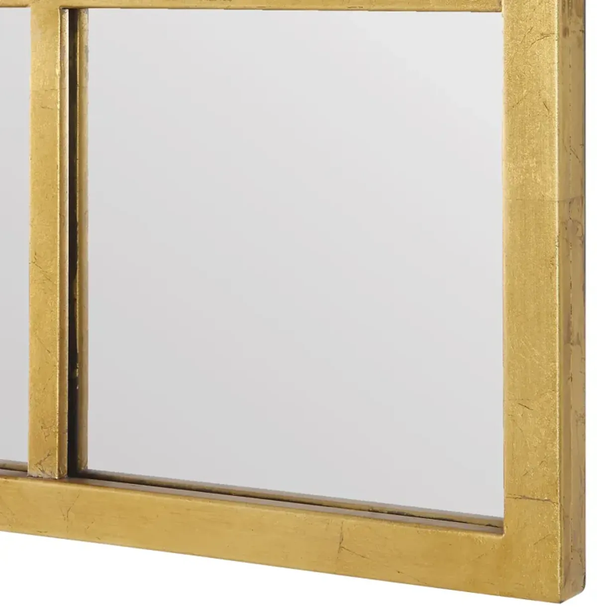 44 Inch Wood Wall Mirror, Arched Windowpane Shape, Antique Gold-Benzara