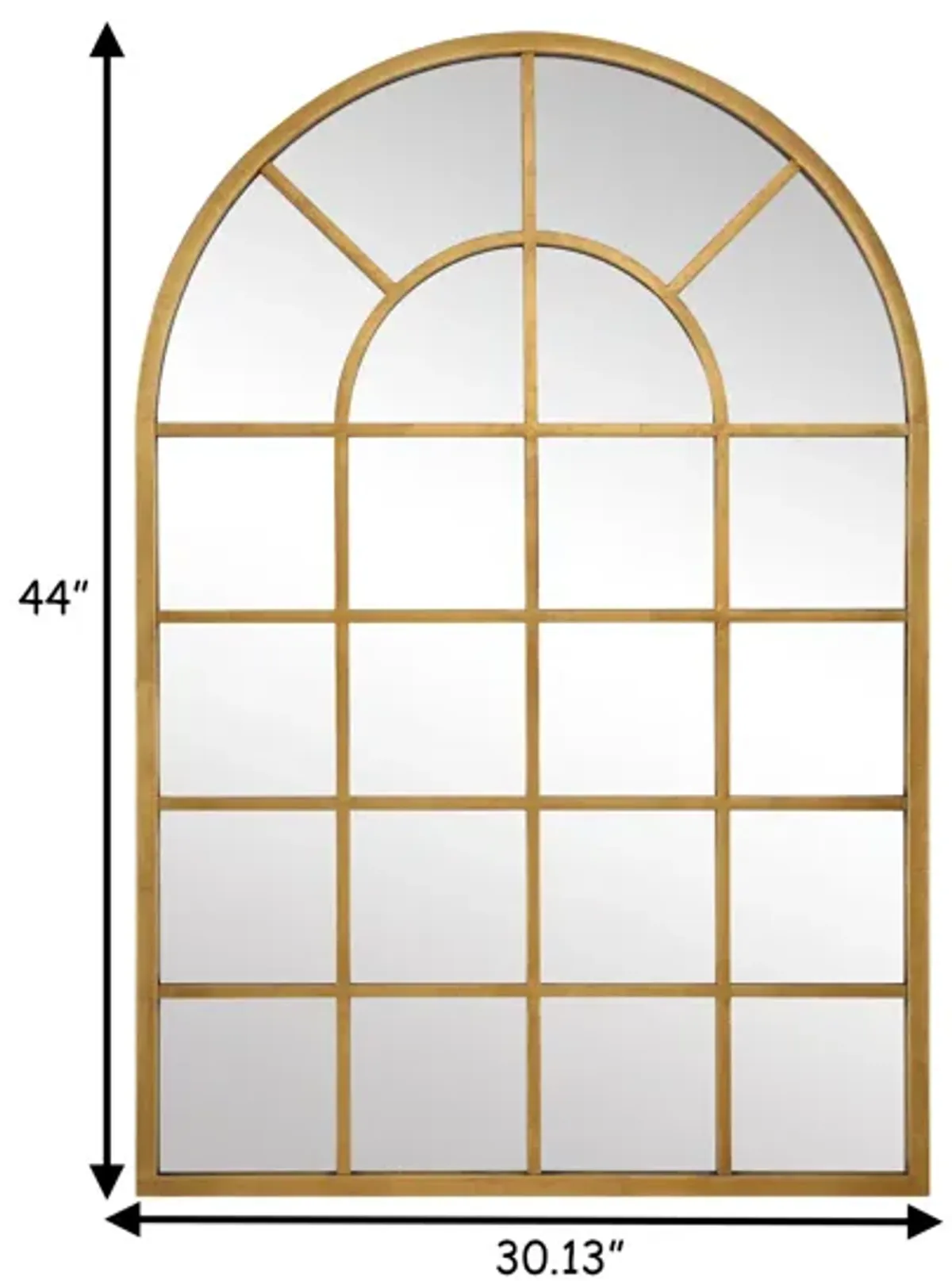 44 Inch Wood Wall Mirror, Arched Windowpane Shape, Antique Gold-Benzara