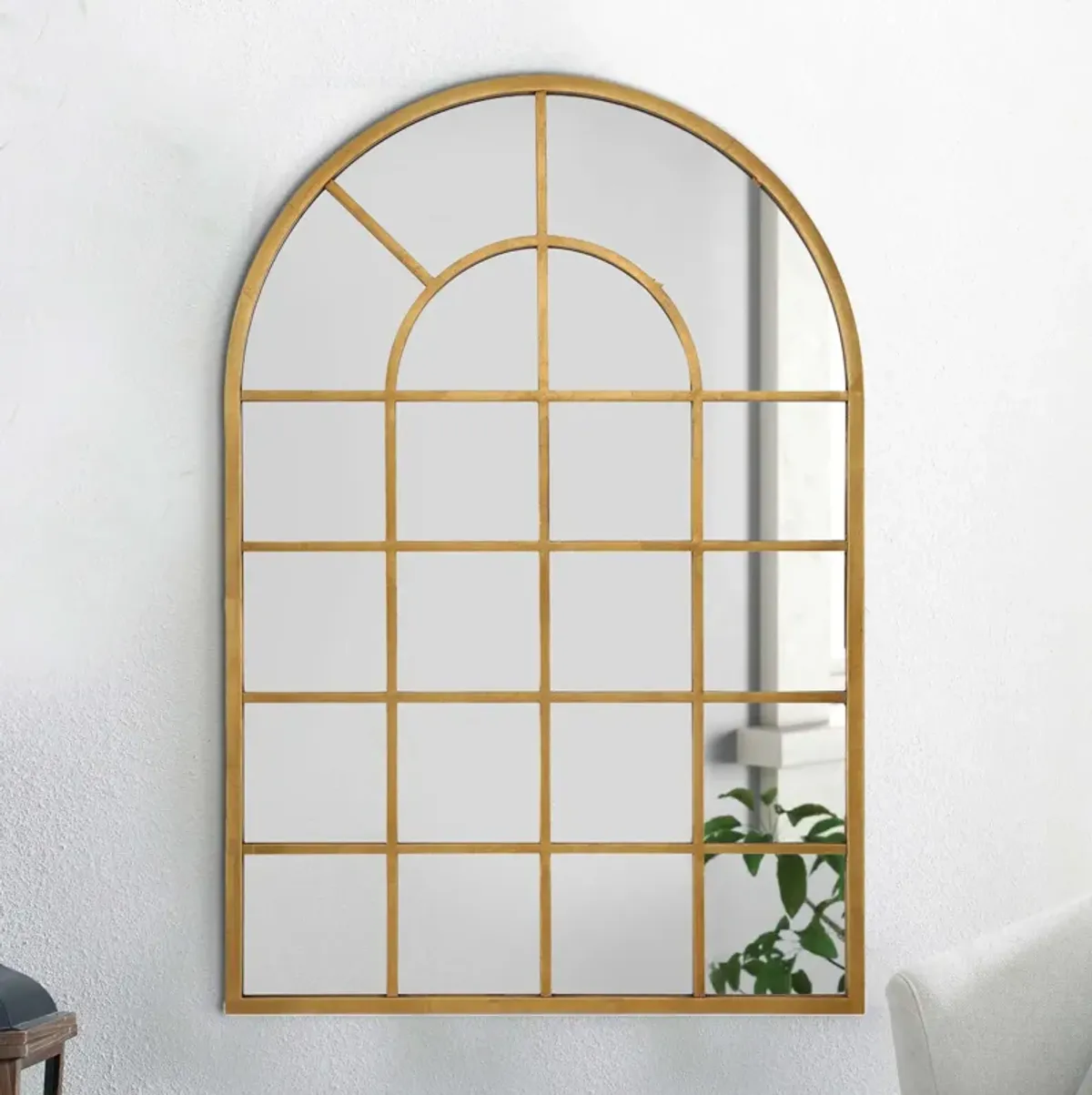 44 Inch Wood Wall Mirror, Arched Windowpane Shape, Antique Gold-Benzara