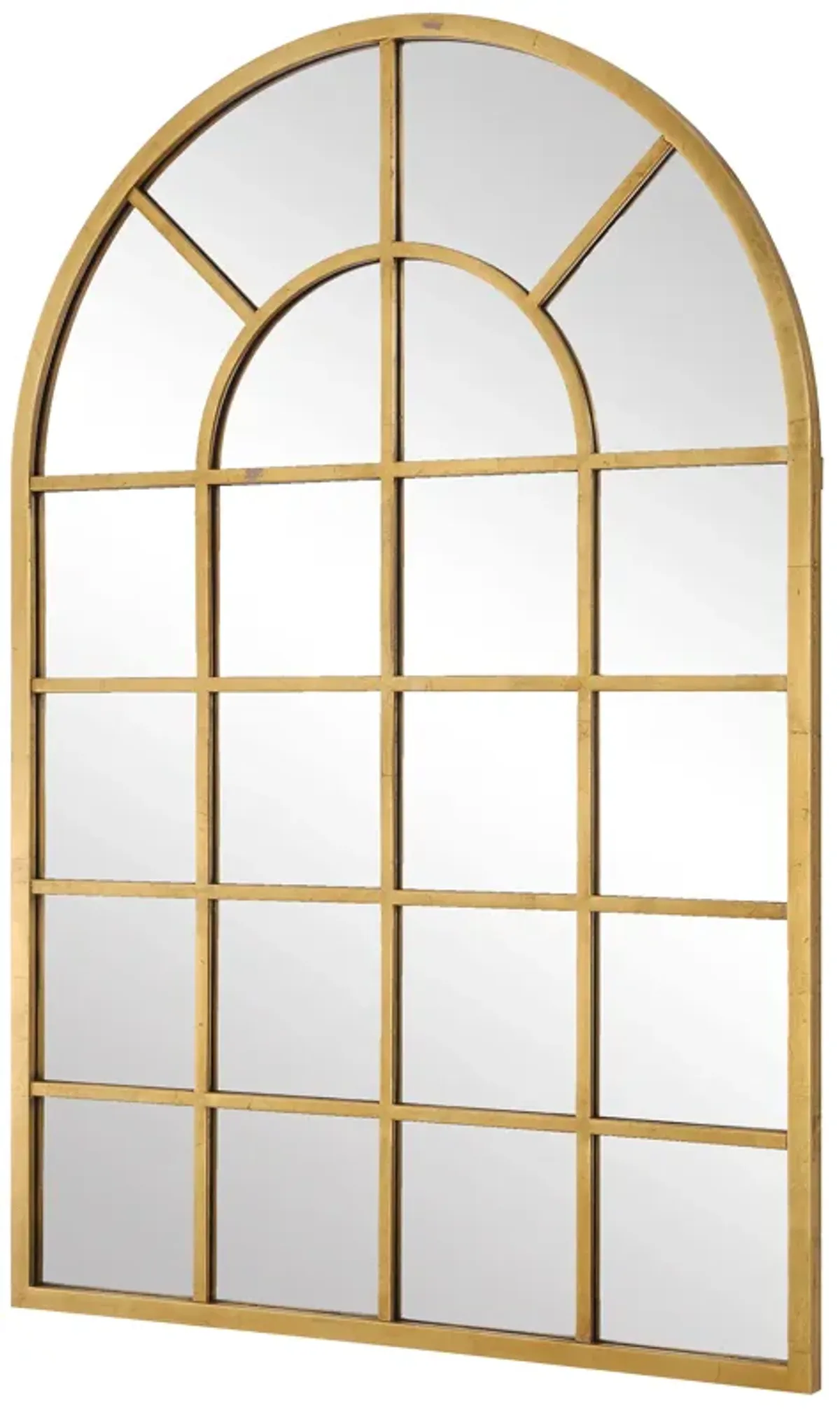 44 Inch Wood Wall Mirror, Arched Windowpane Shape, Antique Gold-Benzara