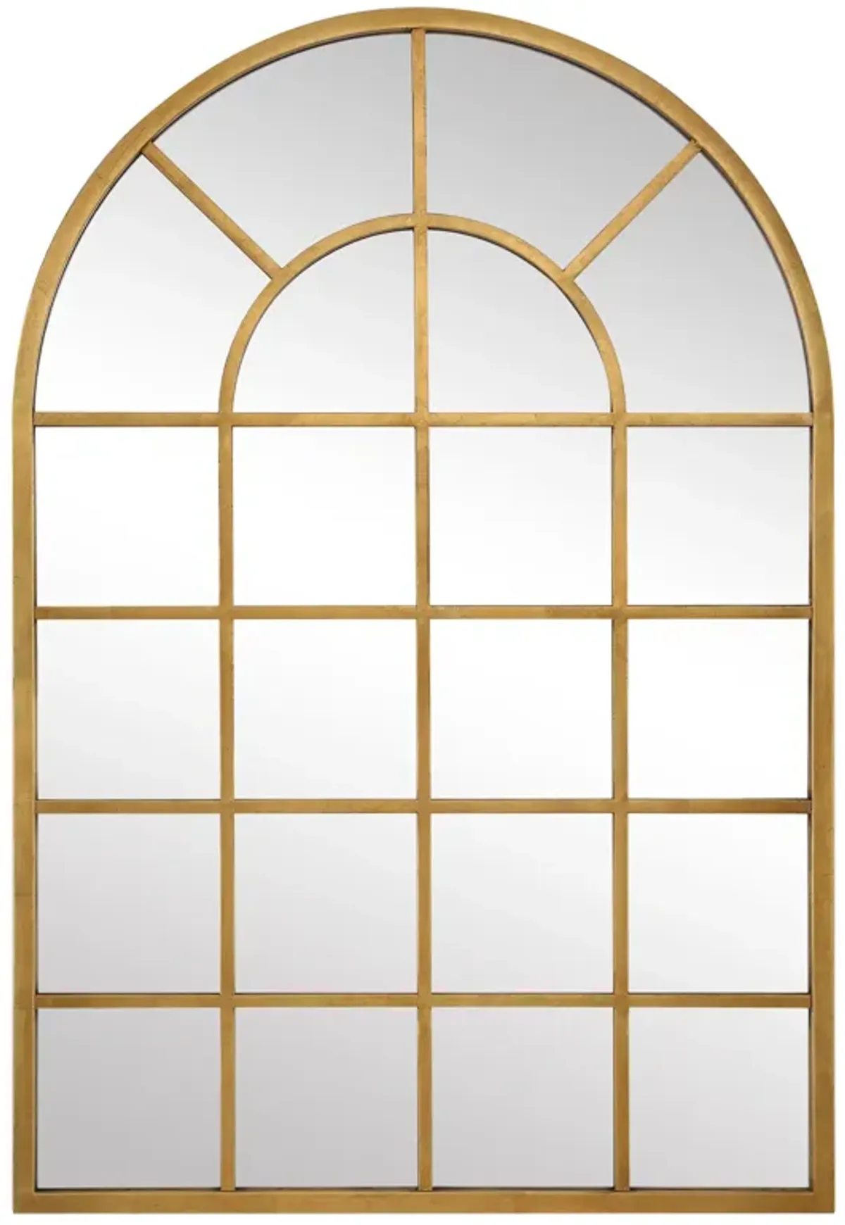 44 Inch Wood Wall Mirror, Arched Windowpane Shape, Antique Gold-Benzara