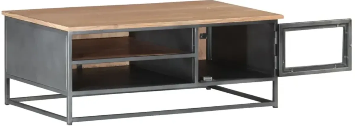 vidaXL Solid Acacia Wood Coffee Table with Storage Compartments and Glass Door, Stylish Hardwood Center Table with Steel Legs for Living Room or Office, Gray, 35.4"x19.7"x13.8"