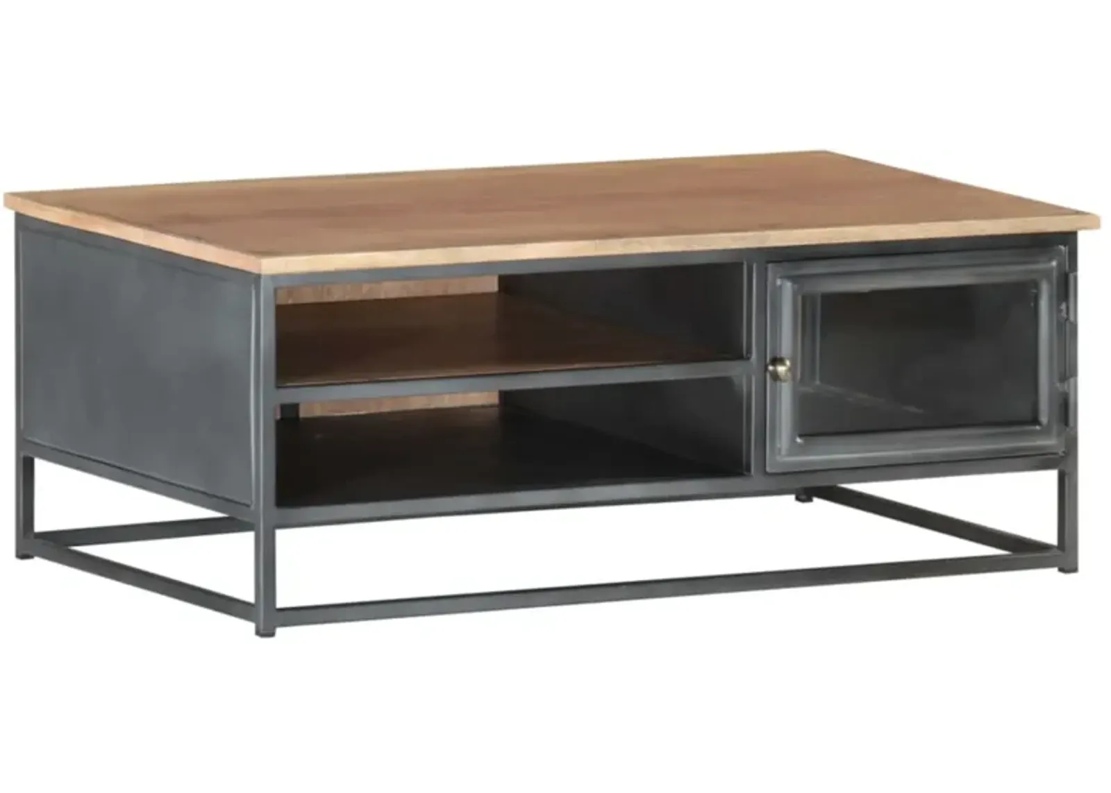 vidaXL Solid Acacia Wood Coffee Table with Storage Compartments and Glass Door, Stylish Hardwood Center Table with Steel Legs for Living Room or Office, Gray, 35.4"x19.7"x13.8"