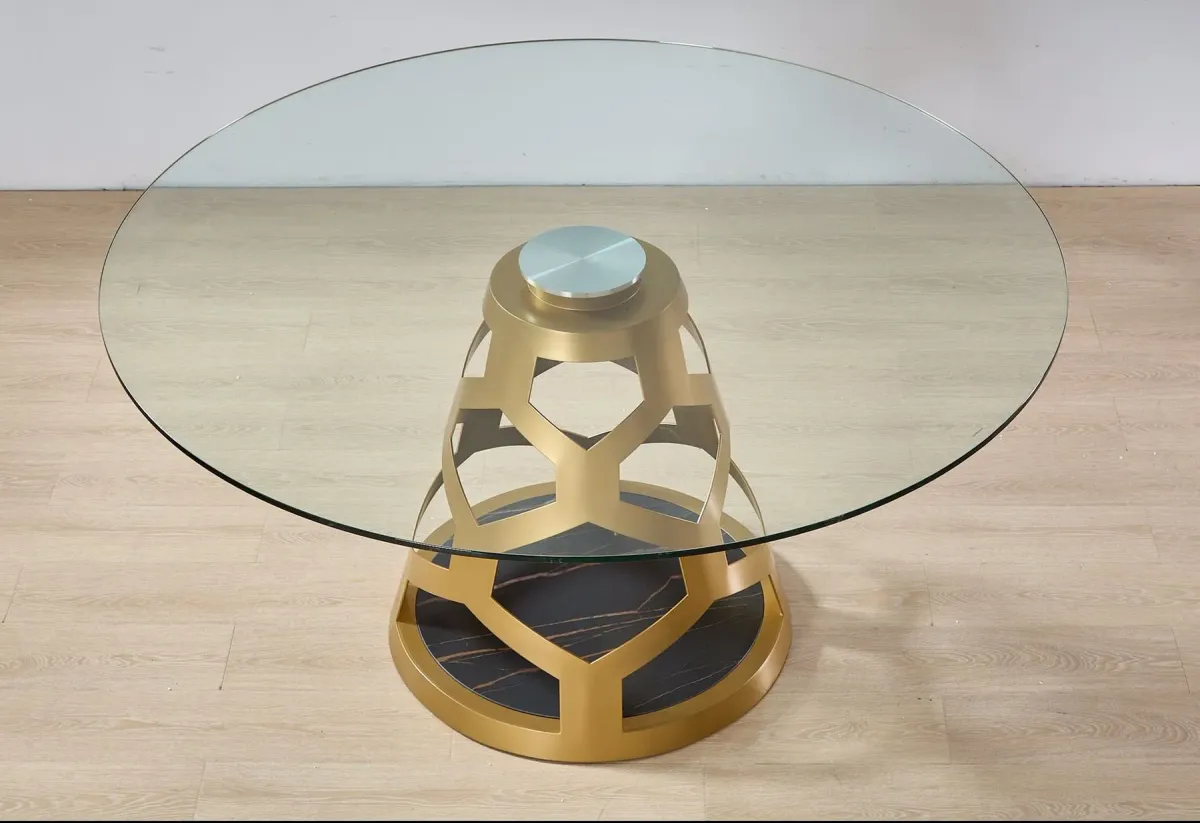 Round Clear Glass Dining Table with Gold Base