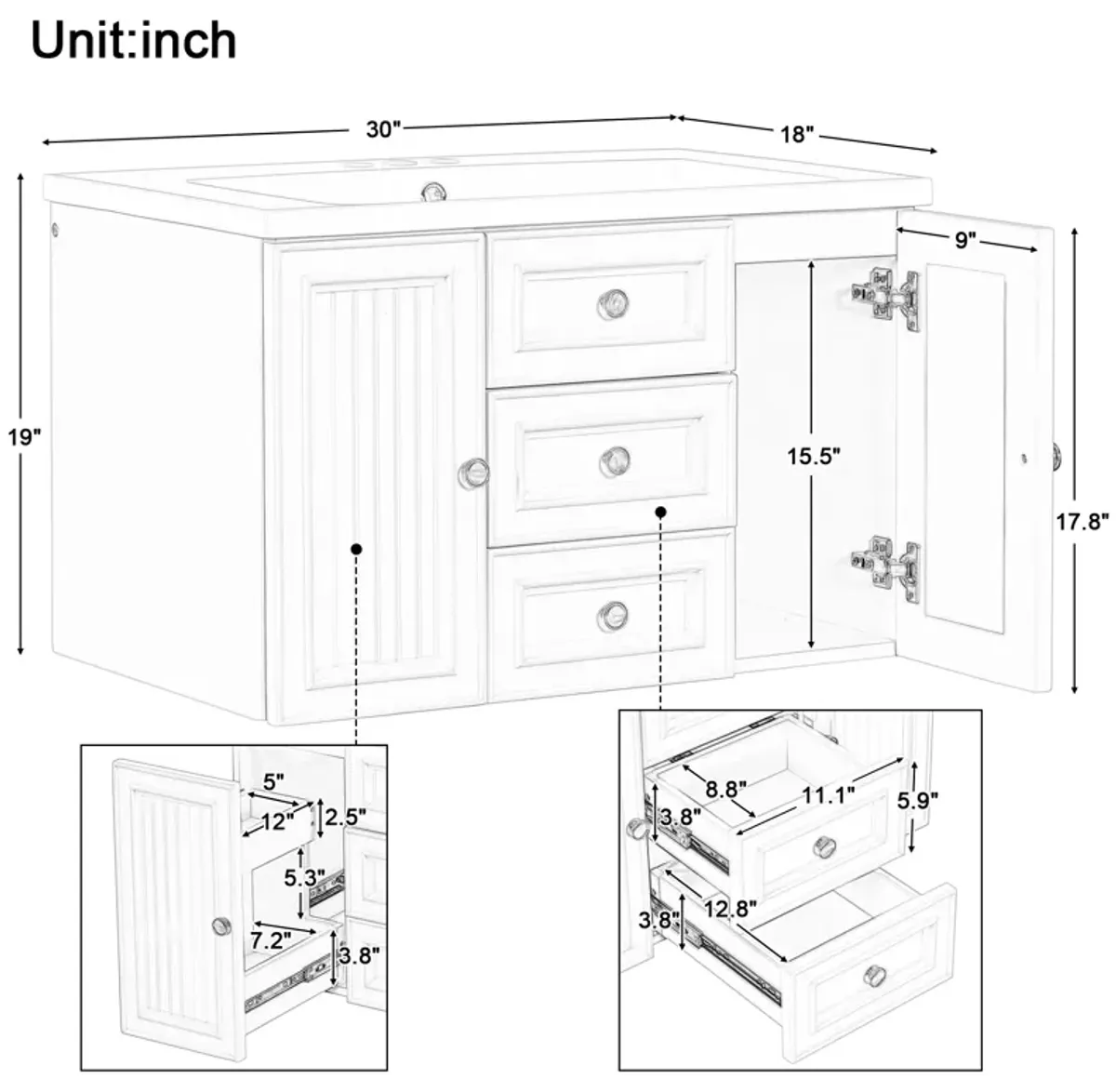 Gewnee 30" Bathroom Vanity with Storage Drawer and Sink