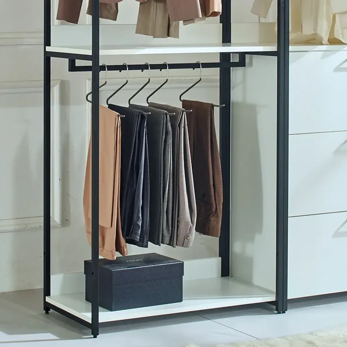 FC Design Klair Living White Freestanding Walk in Wood Closet System with Metal Frame