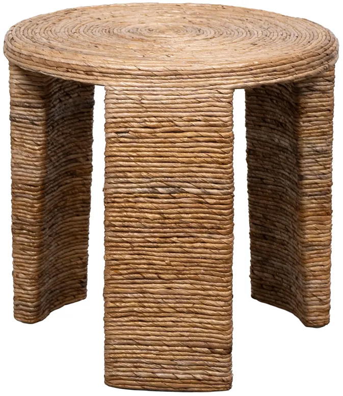 Asha 22 Inch Side End Table, Round Shaped Top with Natural Rattan Wrapping - Benzara