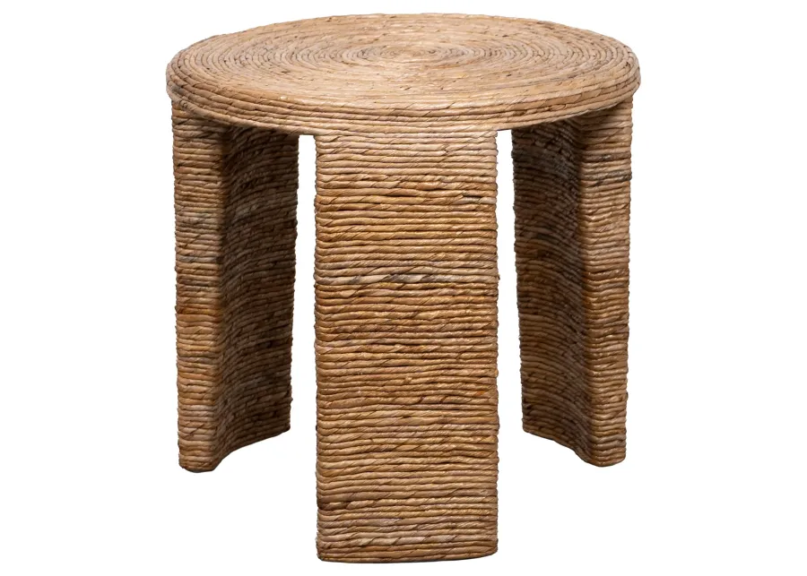 Asha 22 Inch Side End Table, Round Shaped Top with Natural Rattan Wrapping - Benzara