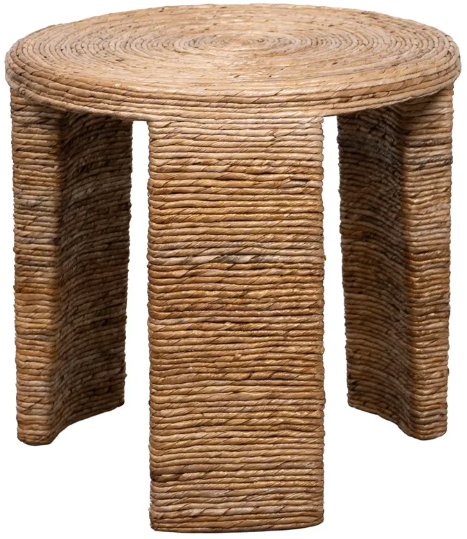 Asha 22 Inch Side End Table, Round Shaped Top with Natural Rattan Wrapping - Benzara