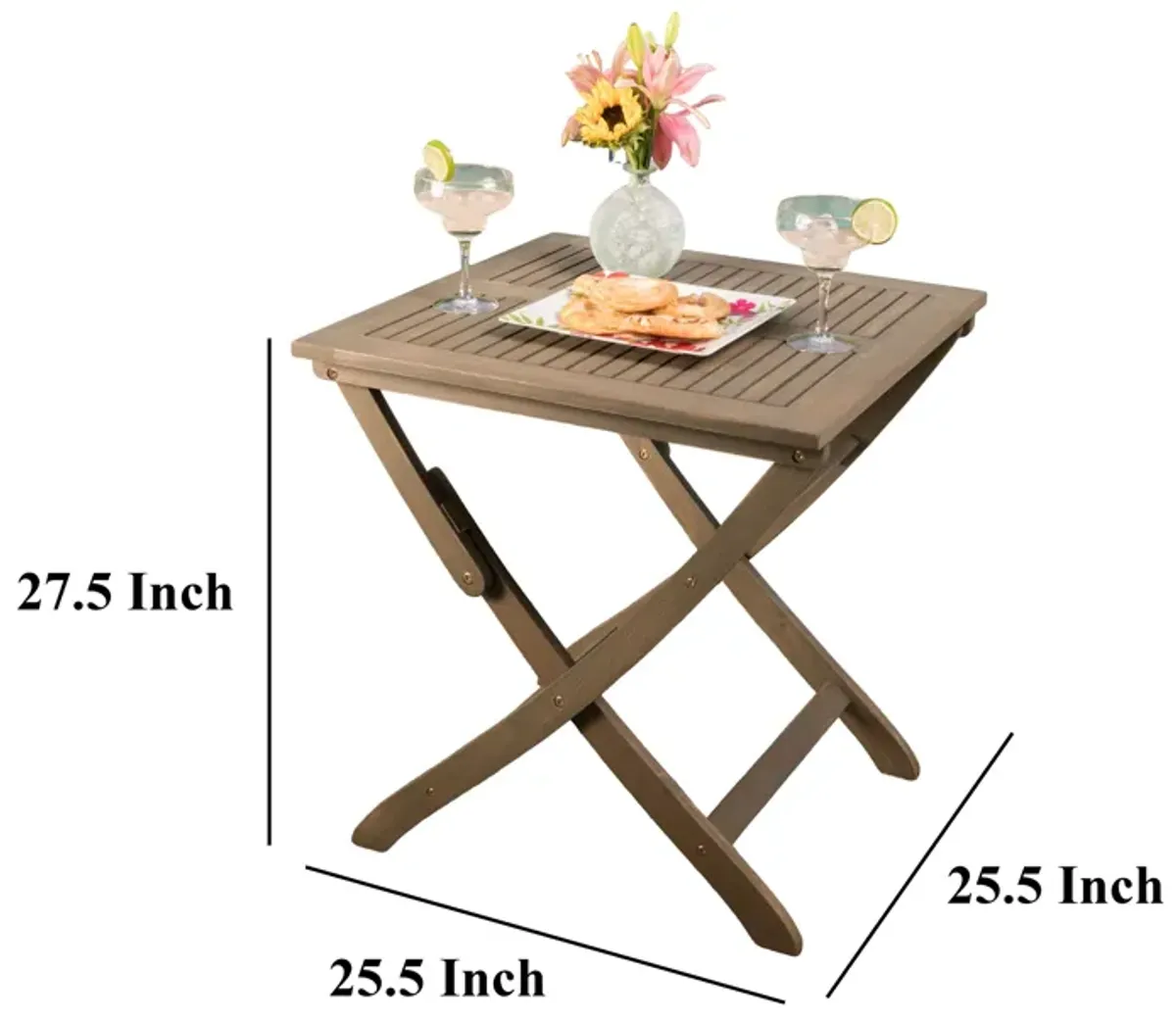 Cami Outdoor Foldable Bistro Table, X Base, 26 Inch Gray Acacia Wood - Benzara