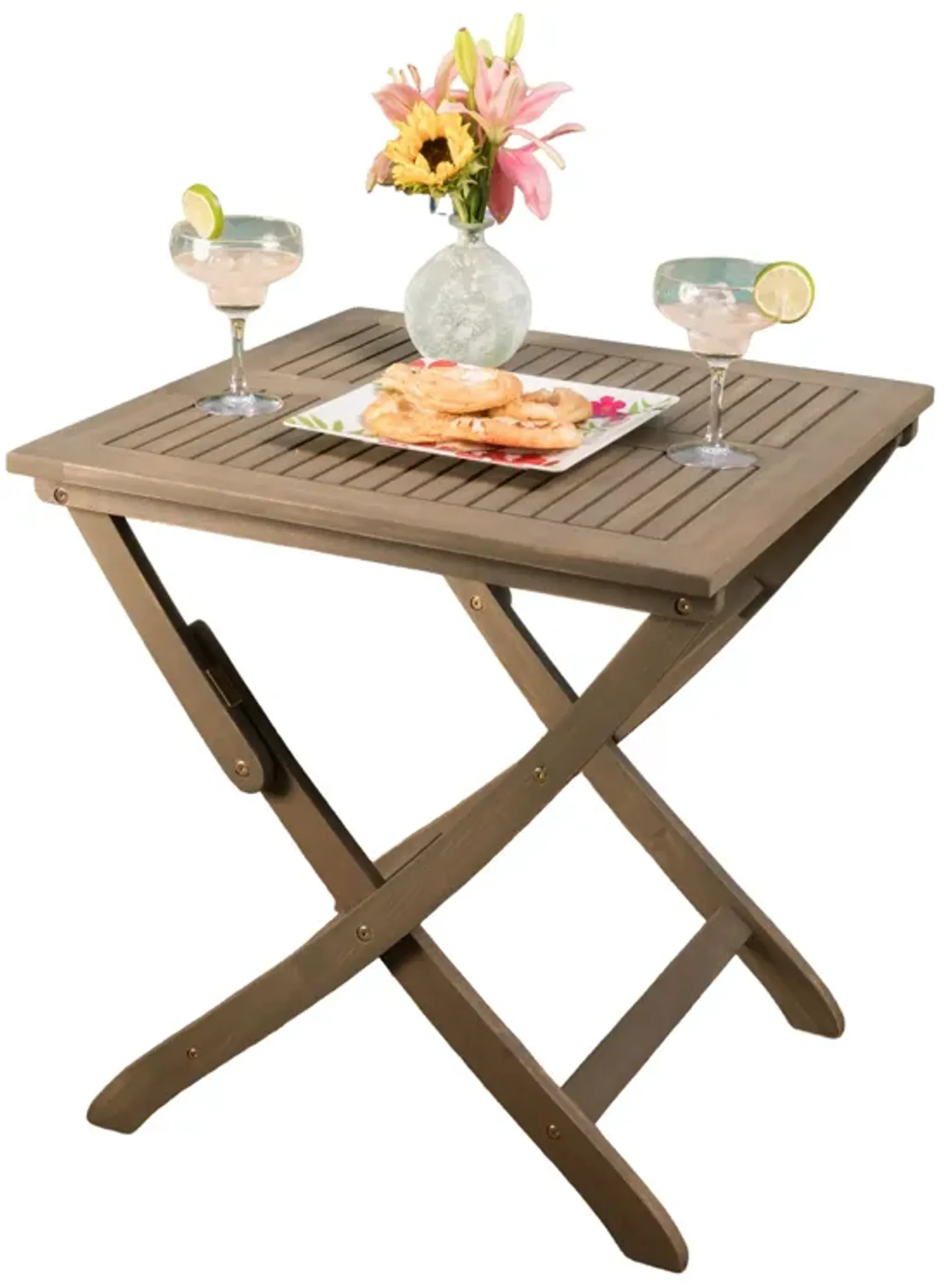 Cami Outdoor Foldable Bistro Table, X Base, 26 Inch Gray Acacia Wood - Benzara