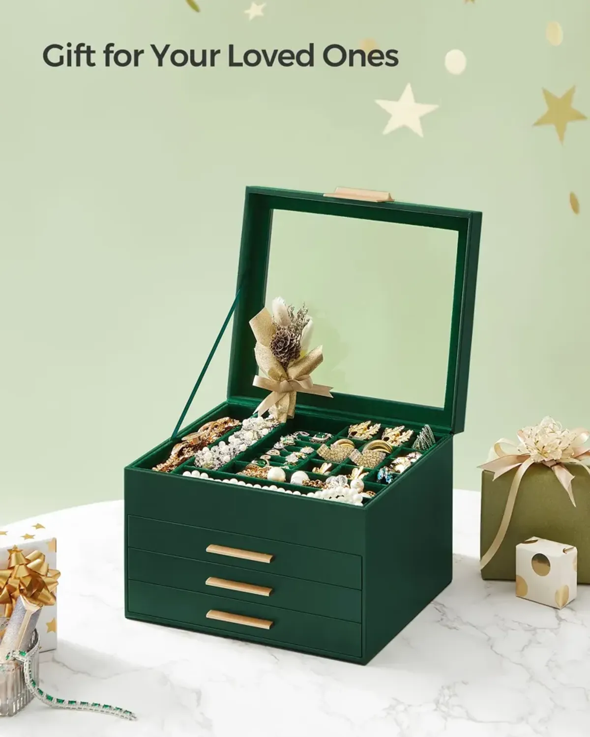 Elegant 4-Layer Jewelry Box with Glass Lid and 3 Drawers - Perfect Gift for Loved Ones