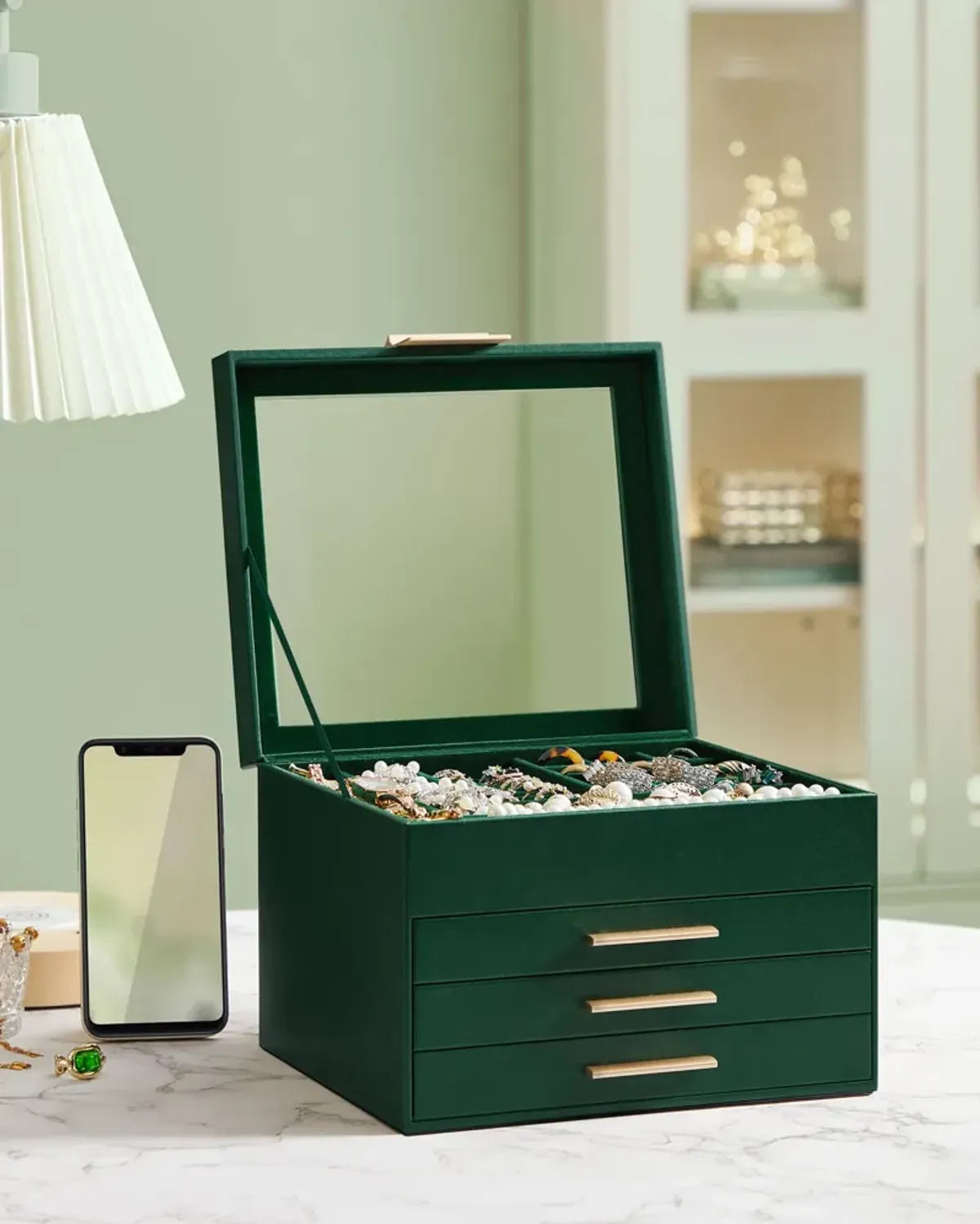 Elegant 4-Layer Jewelry Box with Glass Lid and 3 Drawers - Perfect Gift for Loved Ones