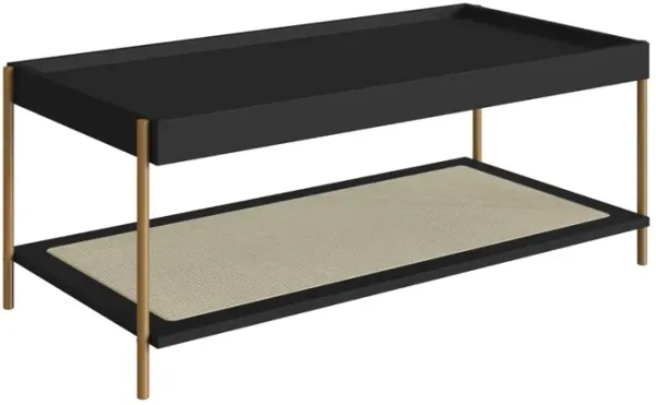 Boho Coffee Table  Gold Iron Legs Rattan Shelf Storage -Nero Black