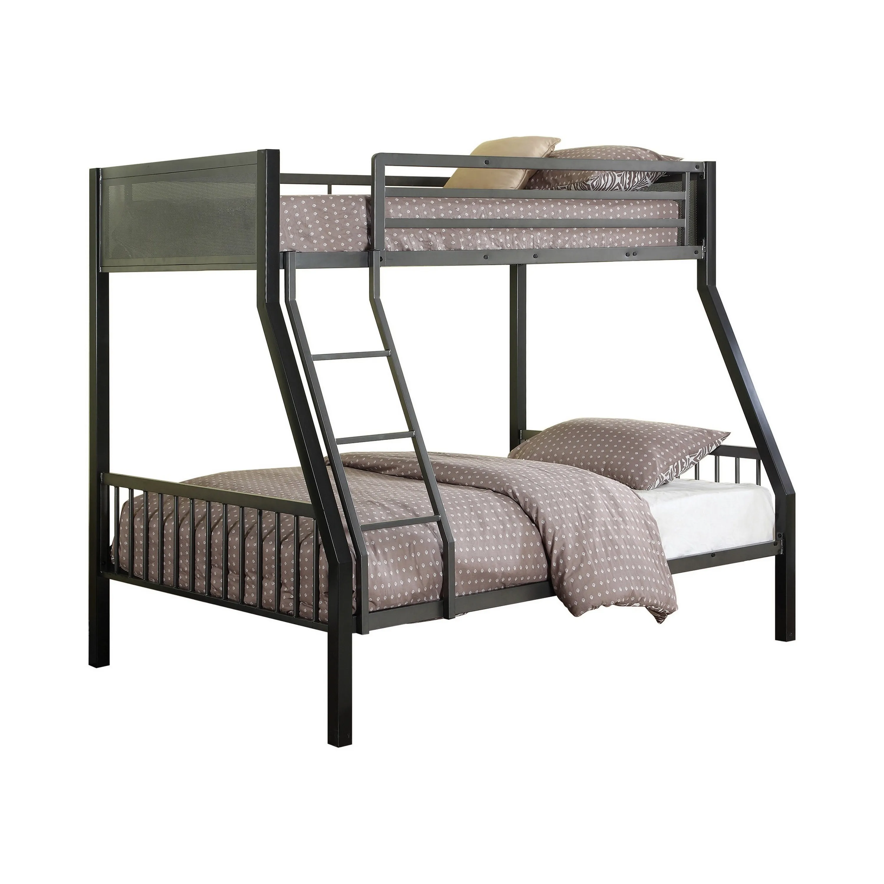 Kop L Shaped Twin Over Full Metal Bunk Bed with Desk, Loft, Gray and Black -