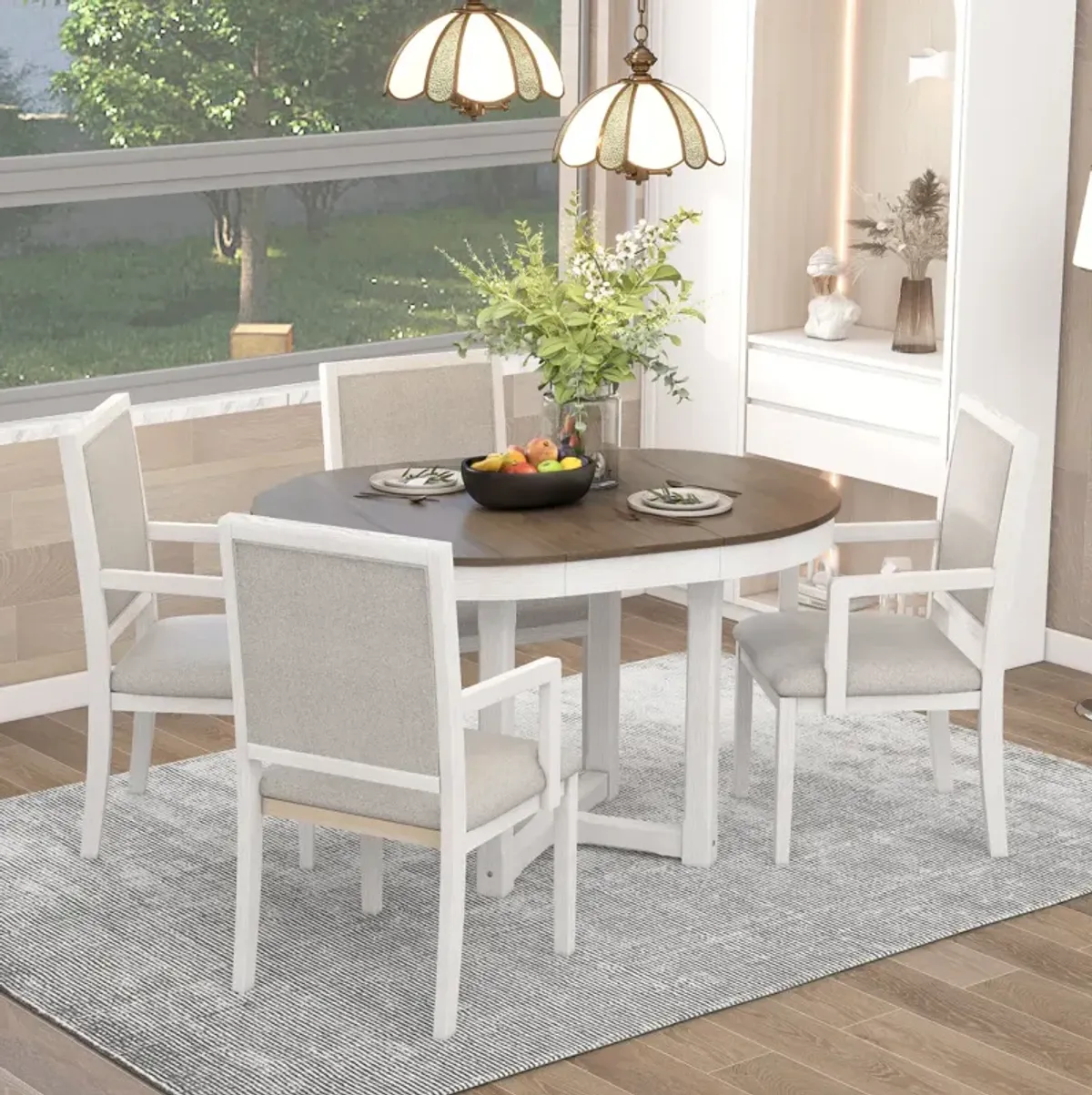 5-Piece Dining Table Set, Two-Size Round To Oval Extendable Butterfly Leaf Wood Dining Table