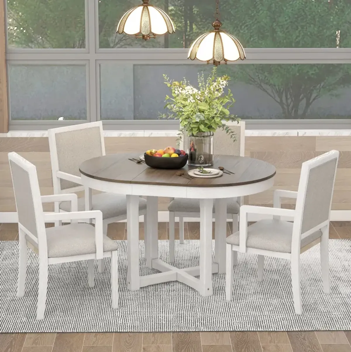 5-Piece Dining Table Set, Two-Size Round To Oval Extendable Butterfly Leaf Wood Dining Table