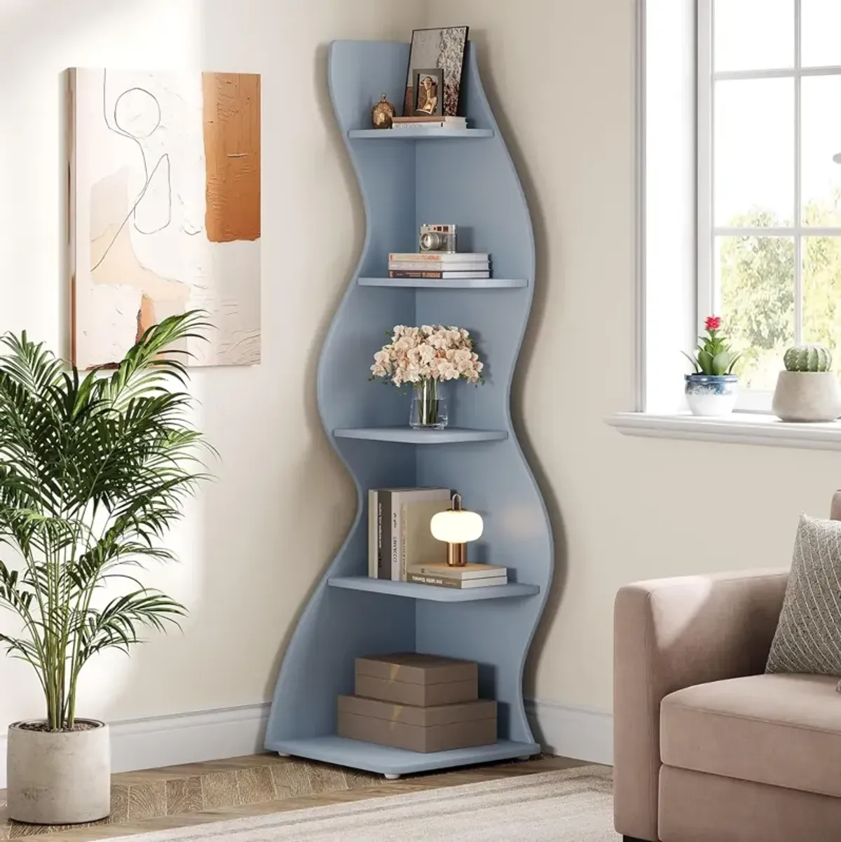 Tribesigns Wavy Corner Shelf, Modern 5-Tier Bookshelf Bookcase with Curvy Shape, Unique Plant Stand Display Rack for Living Room Small Space (Blue)