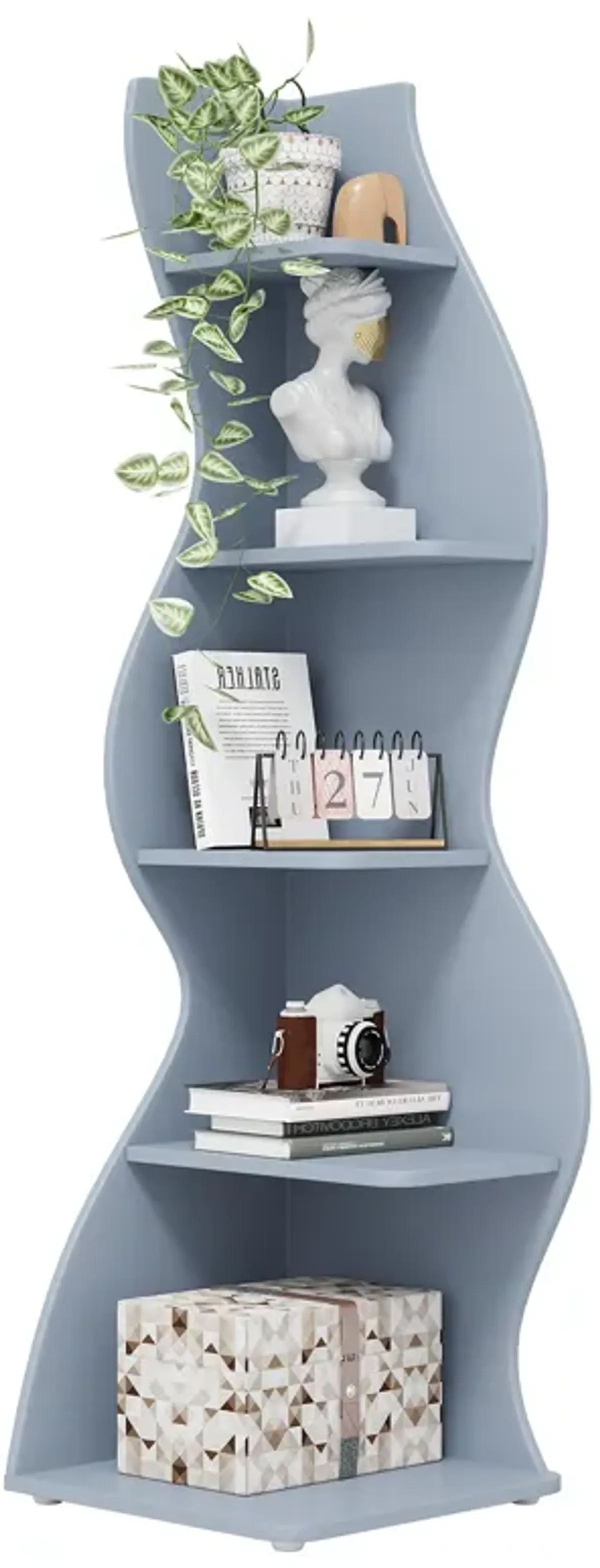 Tribesigns Wavy Corner Shelf, Modern 5-Tier Bookshelf Bookcase with Curvy Shape, Unique Plant Stand Display Rack for Living Room Small Space (Blue)