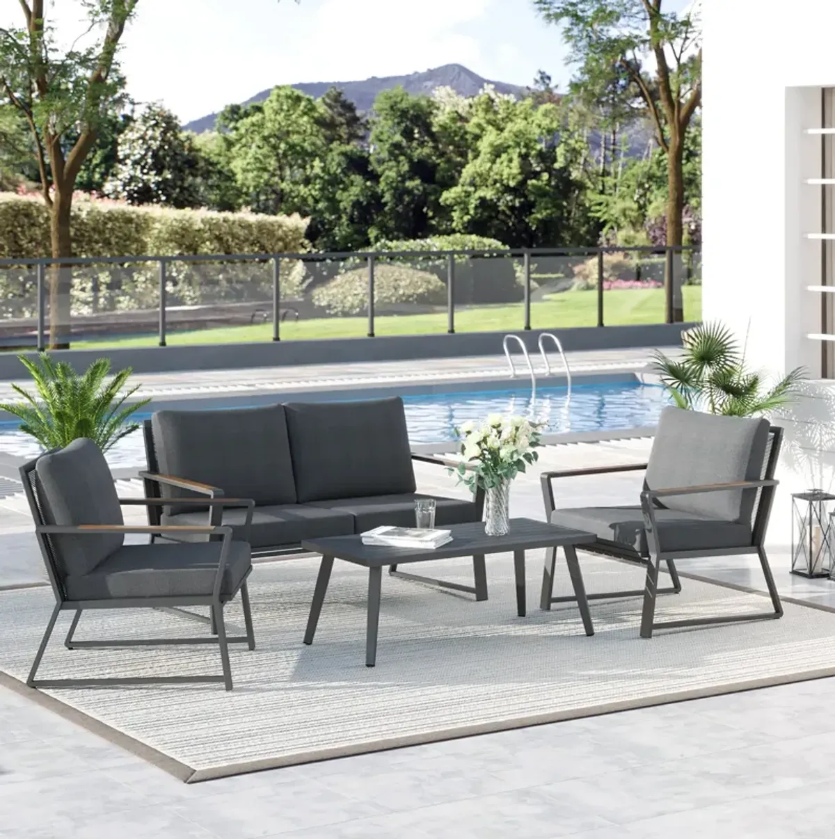 Dark Grey Patio Ensemble: 4-Piece Aluminum Set with Loveseat and Table