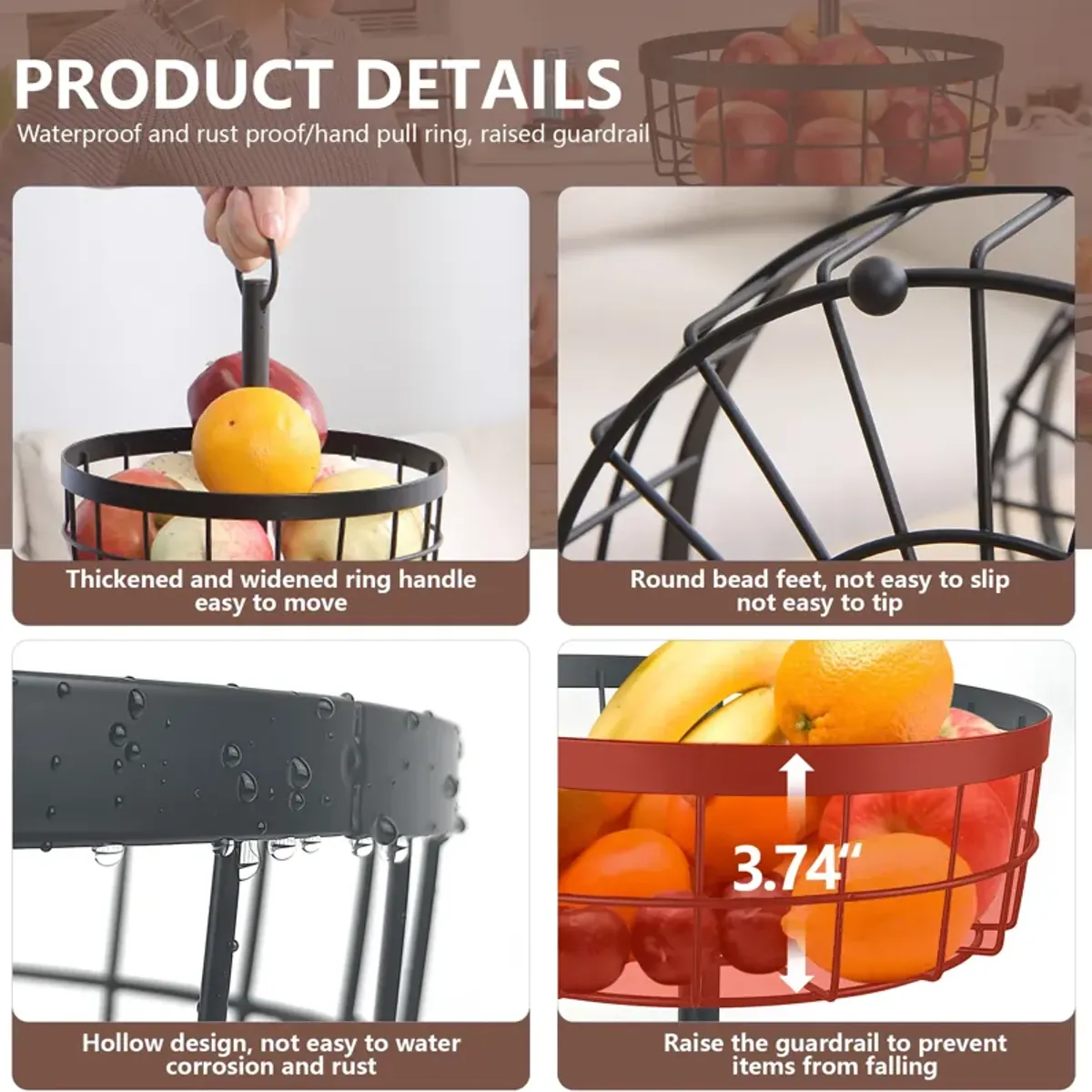 3-Tier Countertop Metel Fruit Vegetable Basket Bowl Storage Rack Kitchen Bathroom