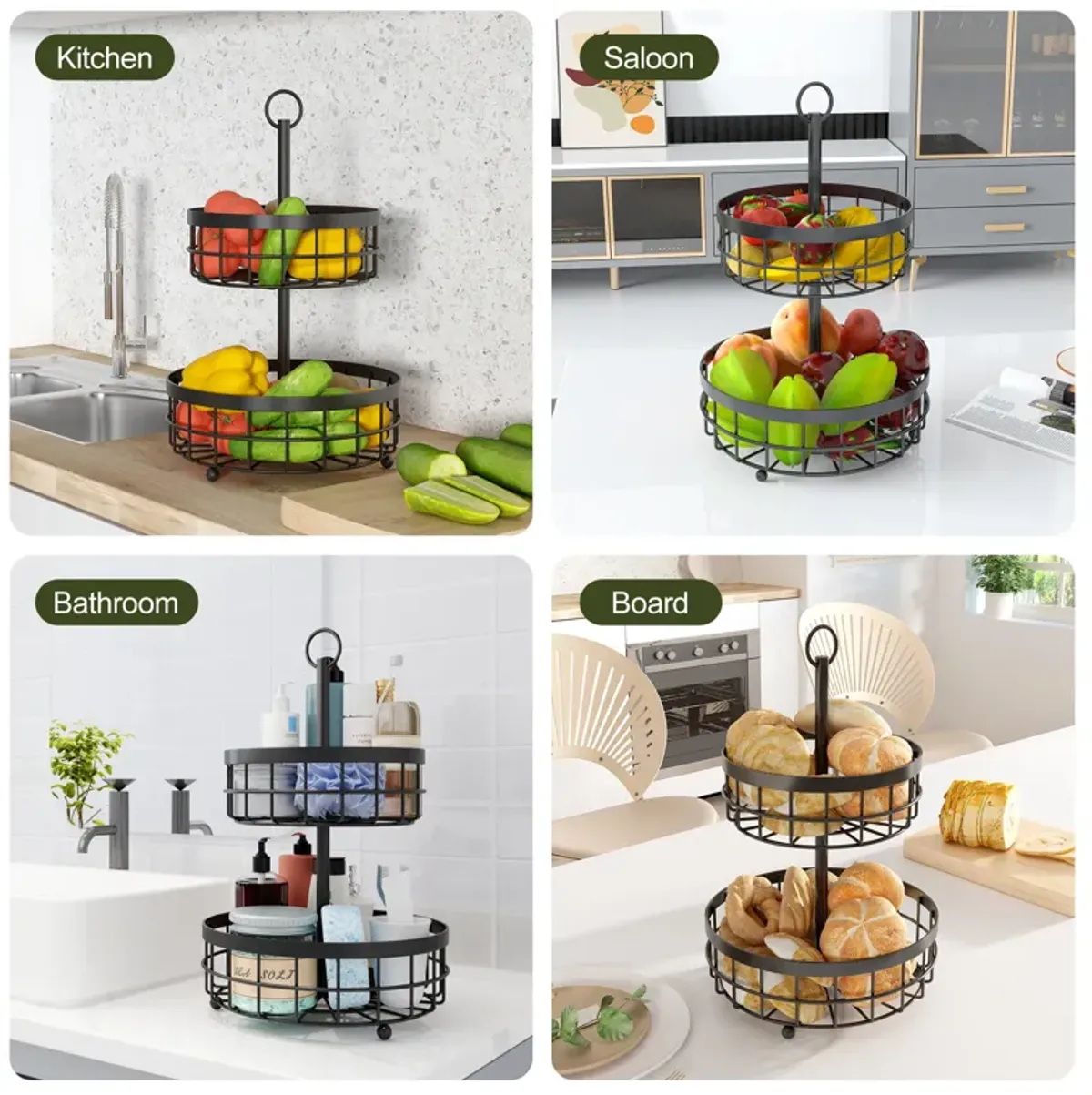 3-Tier Countertop Metel Fruit Vegetable Basket Bowl Storage Rack Kitchen Bathroom