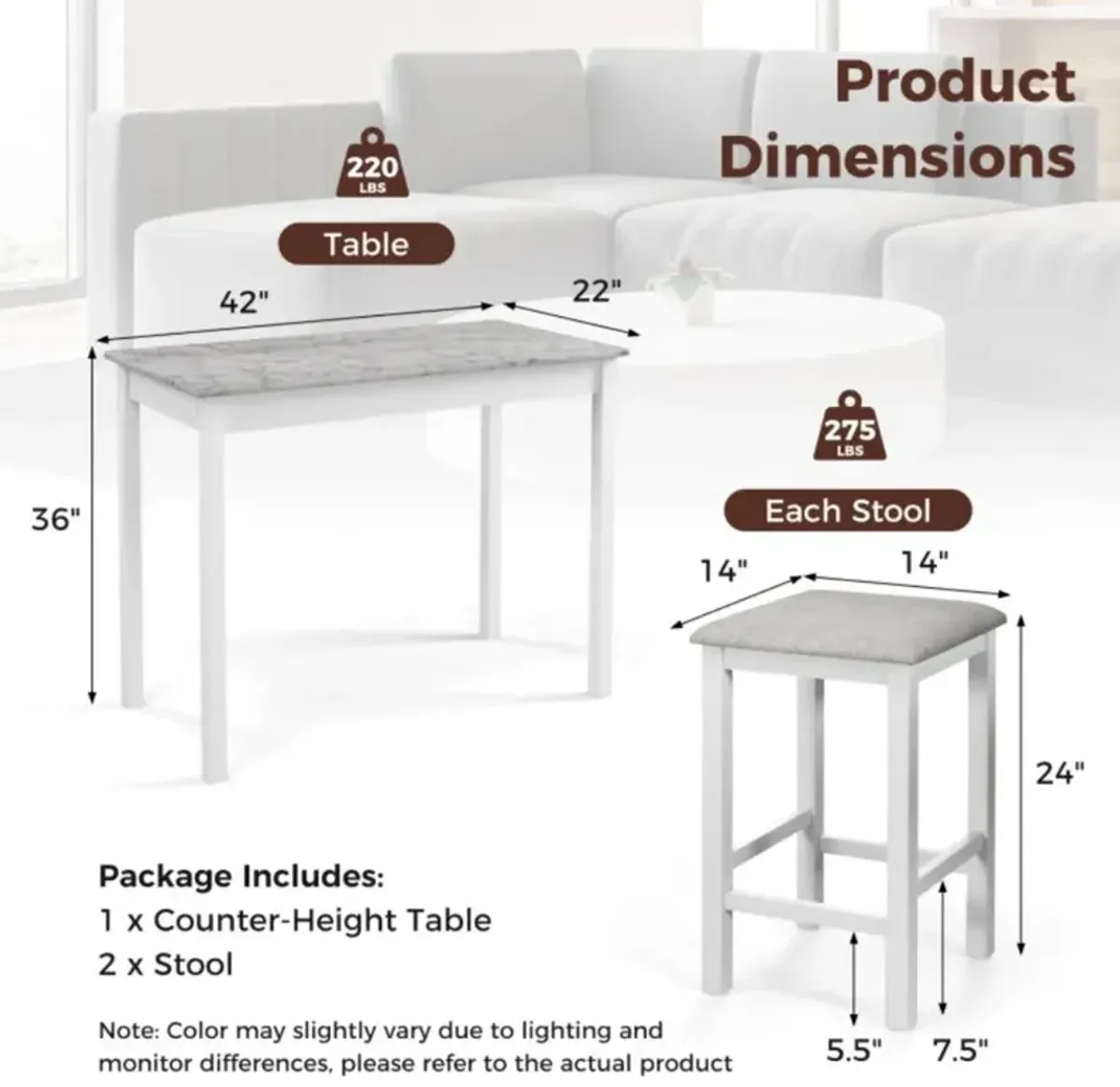 Hivvago Counter-Height Dining Table and 2 Linen Fabric Padded Bar Stools